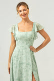 Dusty Sage Square Neck Floral Printed Long Bridesmaid Dress with Slit
