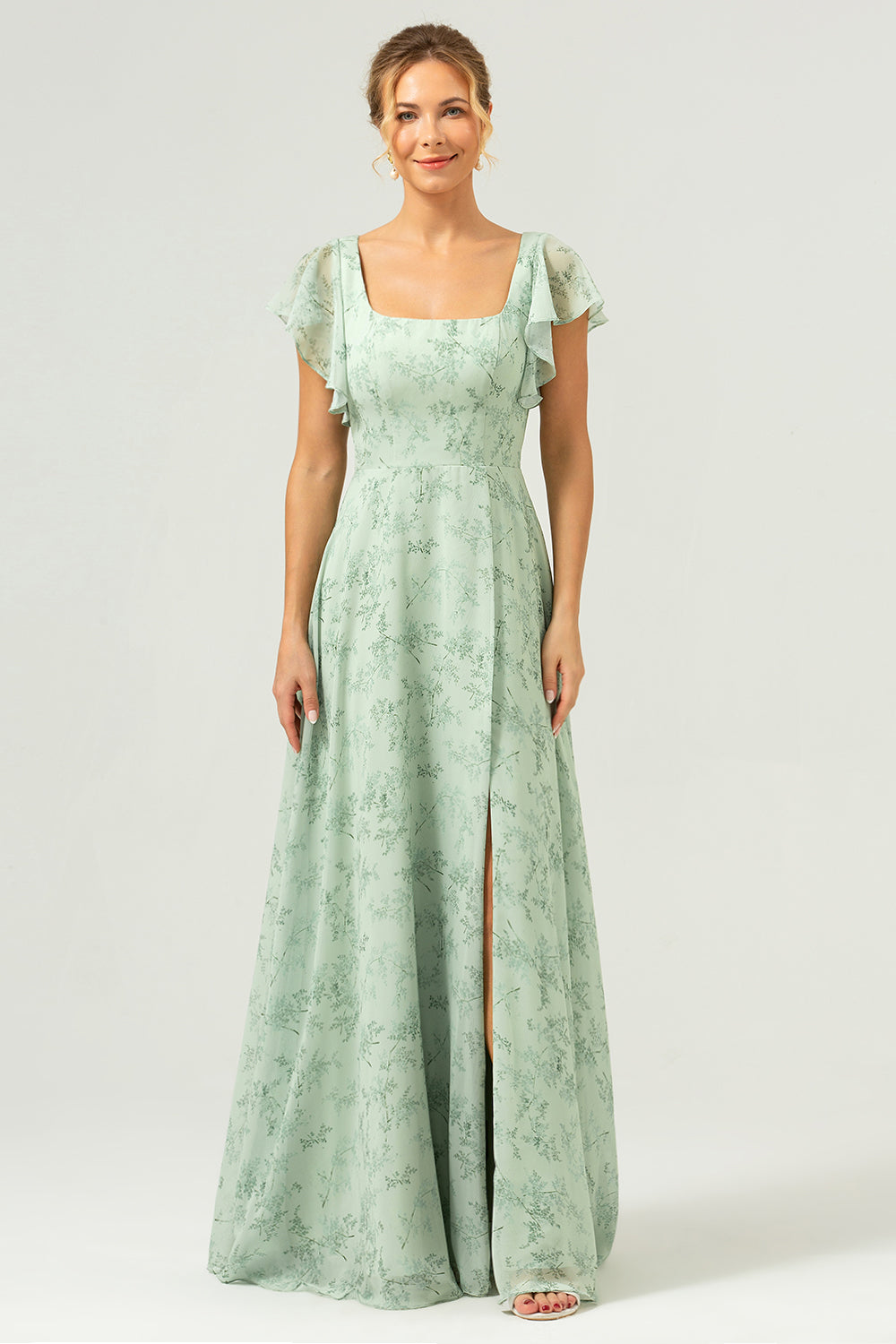 Dusty Sage Square Neck Floral Printed Long Bridesmaid Dress with Slit