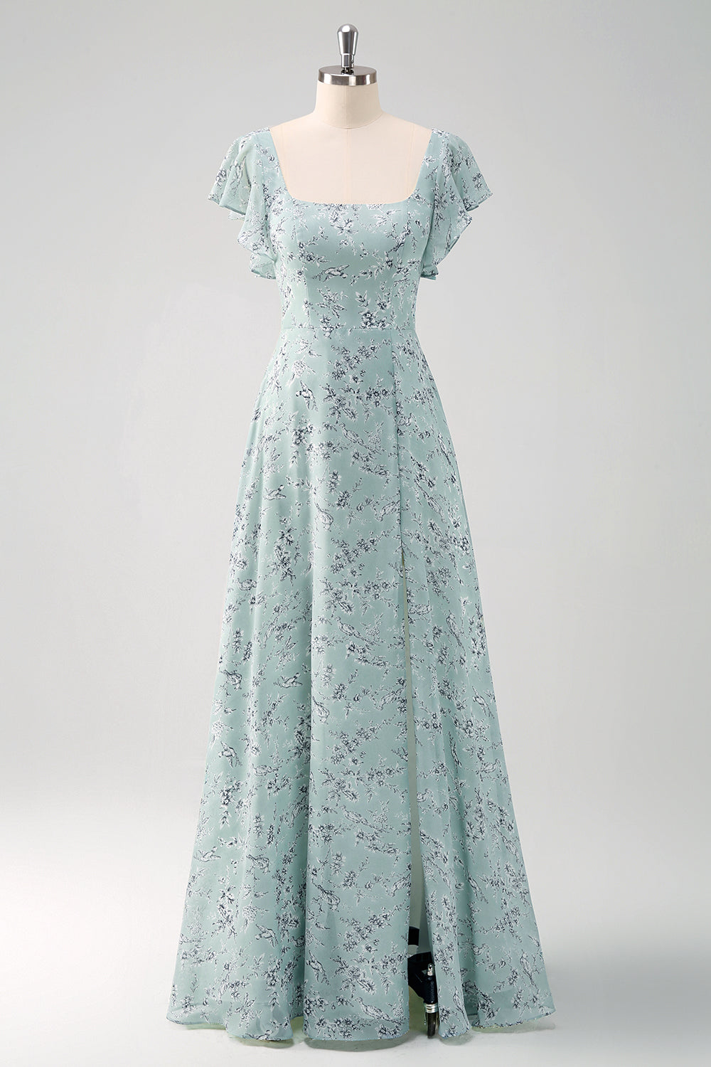 Dusty Sage Square Neck Floral Printed Long Bridesmaid Dress with Slit