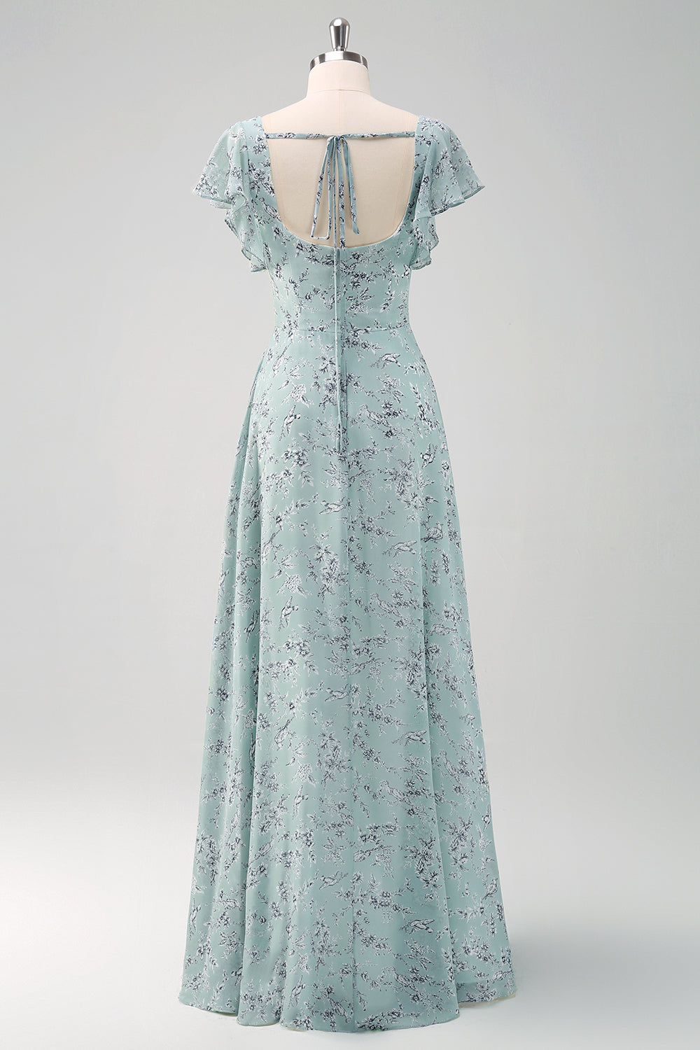 Dusty Sage Square Neck Floral Printed Long Bridesmaid Dress with Slit