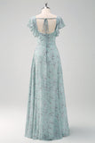 Dusty Sage Square Neck Floral Printed Long Bridesmaid Dress with Slit