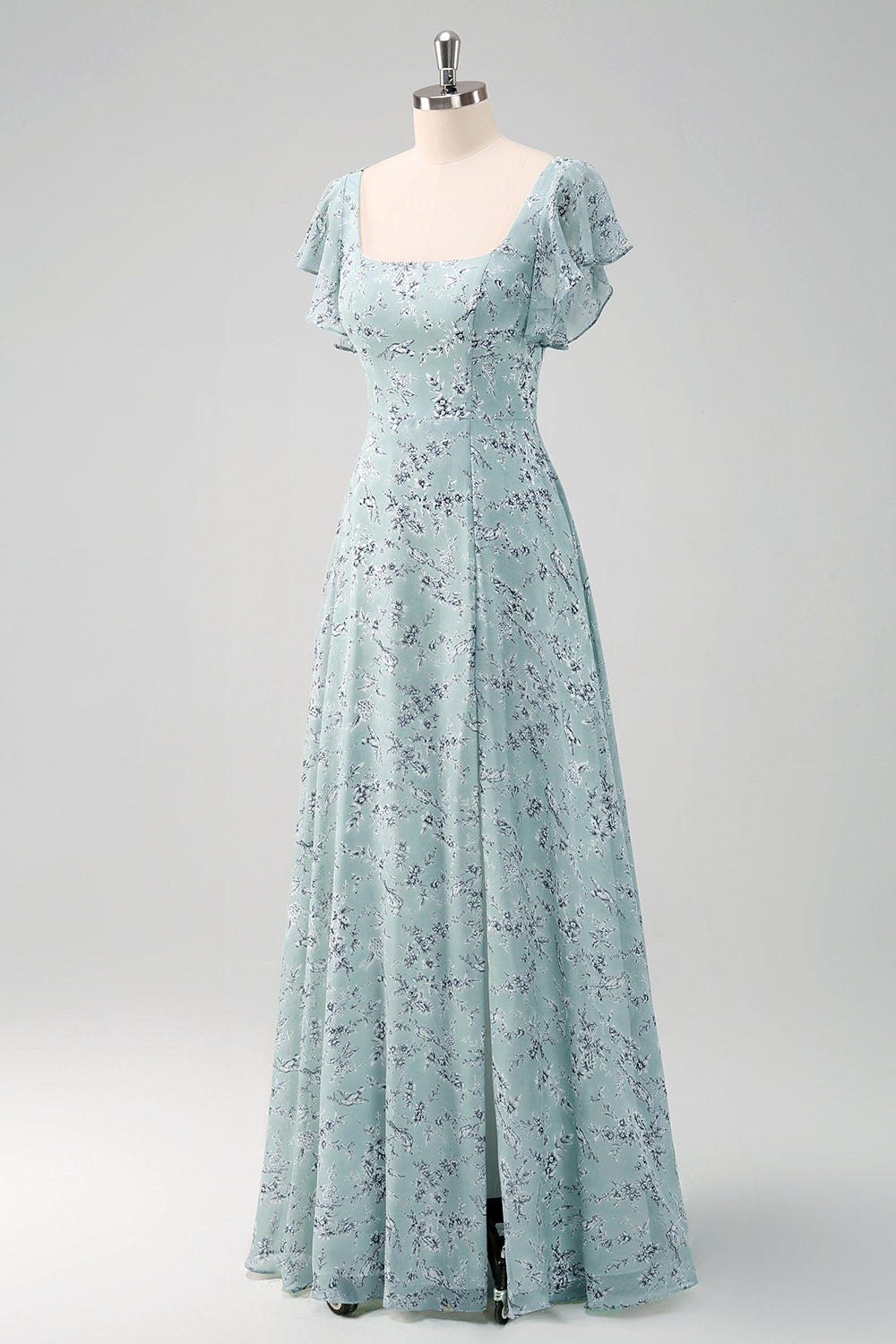 Dusty Sage Square Neck Floral Printed Long Bridesmaid Dress with Slit