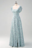 Dusty Sage Square Neck Floral Printed Long Bridesmaid Dress with Slit