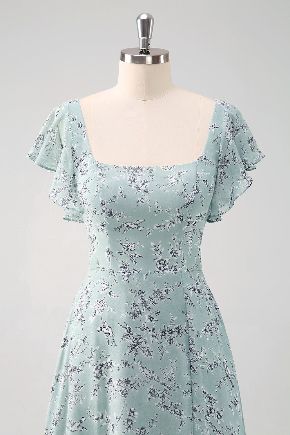 Dusty Sage Square Neck Floral Printed Long Bridesmaid Dress with Slit