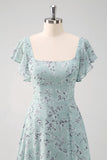 Dusty Sage Square Neck Floral Printed Long Bridesmaid Dress with Slit