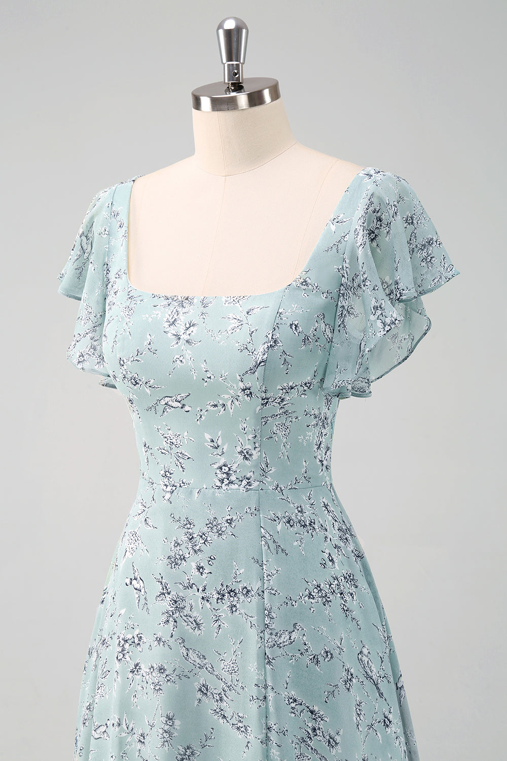 Dusty Sage Square Neck Floral Printed Long Bridesmaid Dress with Slit