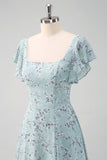 Dusty Sage Square Neck Floral Printed Long Bridesmaid Dress with Slit