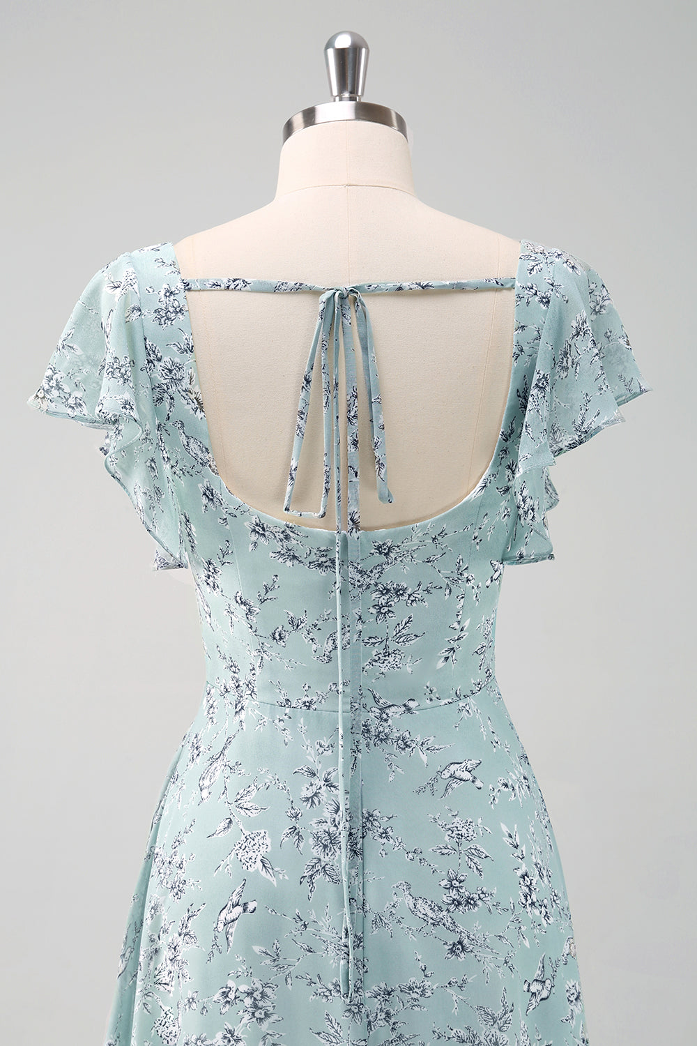 Dusty Sage Square Neck Floral Printed Long Bridesmaid Dress with Slit