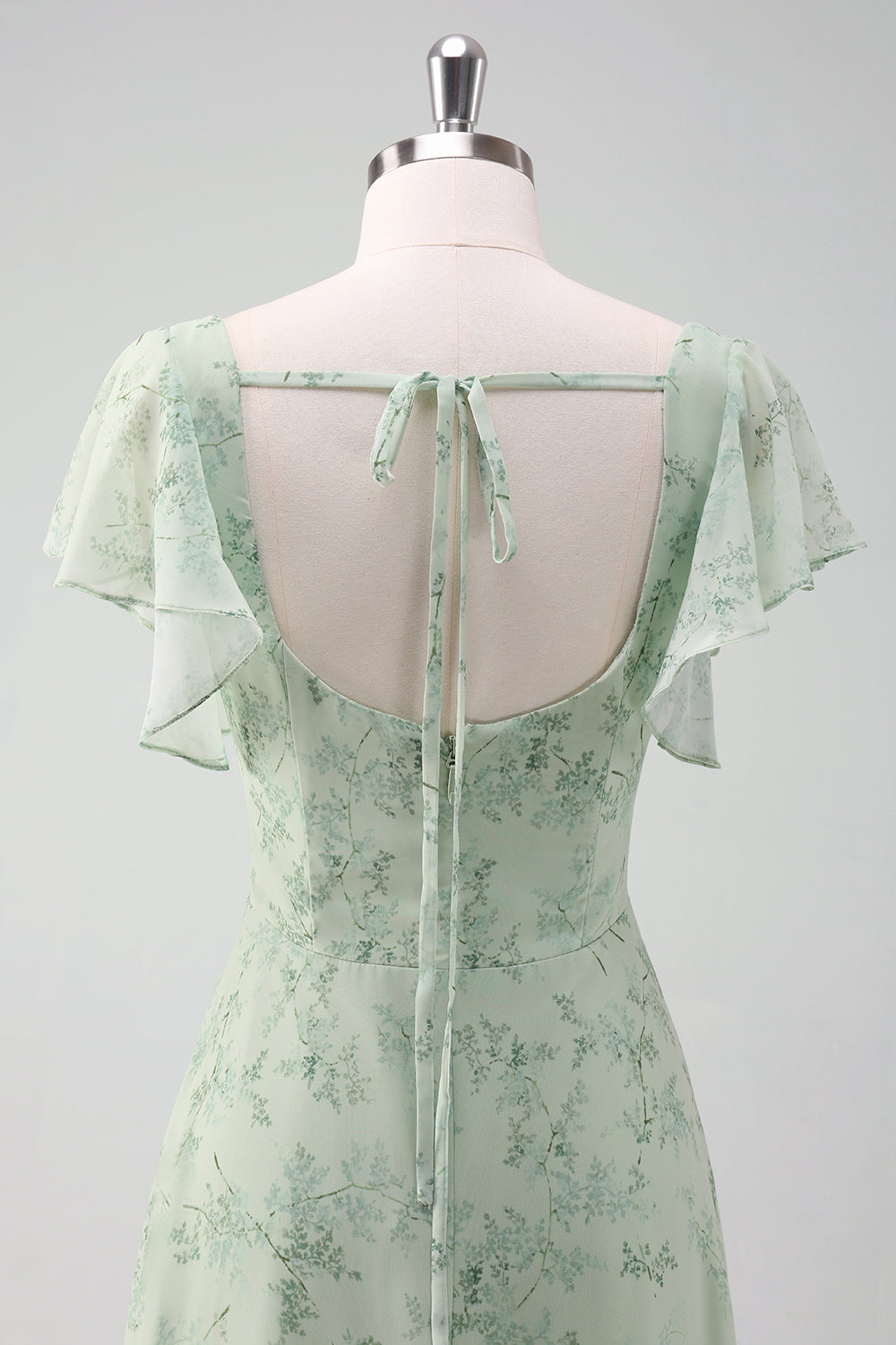 Grey Green Printed Floral Square Neck Long Bridesmaid Dress with Slit