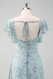 Dusty Sage Square Neck Floral Printed Long Bridesmaid Dress with Slit
