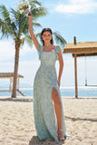 Grey Green Printed Floral Square Neck Long Bridesmaid Dress with Slit
