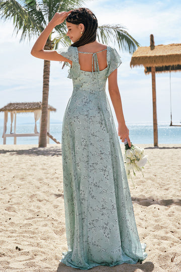 Grey Green Printed Floral Square Neck Long Bridesmaid Dress with Slit