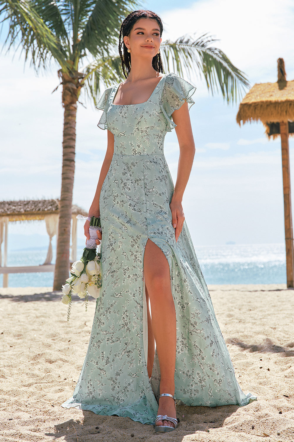 Grey Green Printed Floral Square Neck Long Bridesmaid Dress with Slit