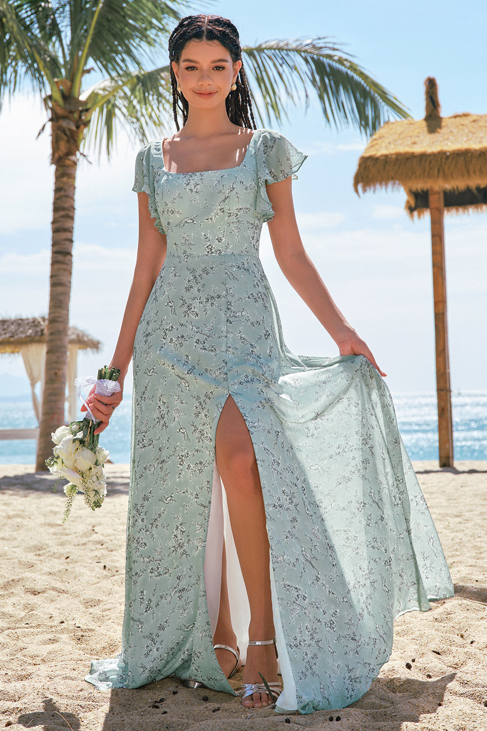 Grey Green Printed Floral Square Neck Long Bridesmaid Dress with Slit