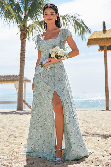Zapaka Women Grey Green Printed Floral Long Bridesmaid Dress with Slit Square Neck Chiffon A Line Ruffle Sleeves Wedding Guest Dress