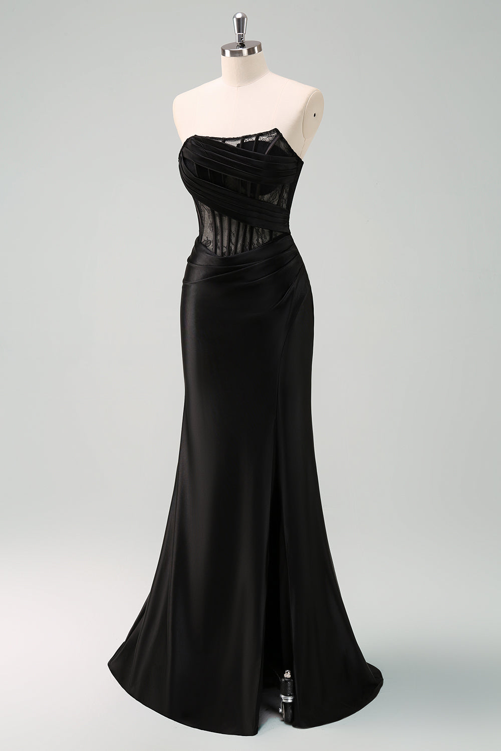 Black Strapless Mermaid Ruched Corset Long Formal Dress