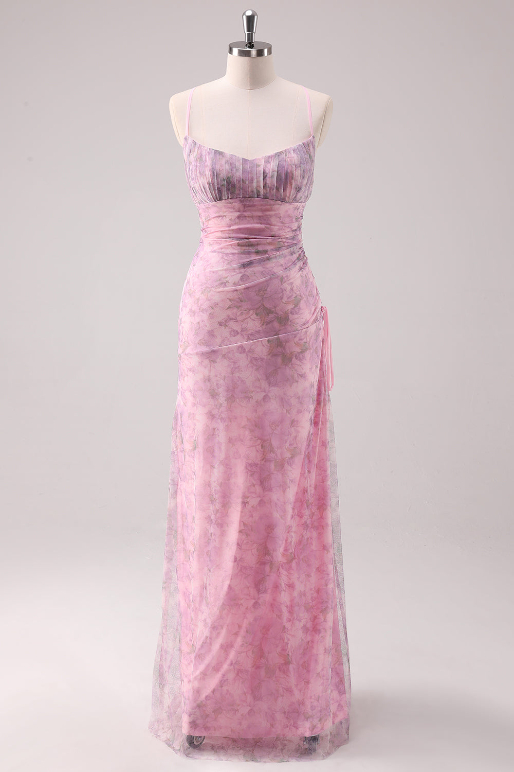 Zapaka Women Pink Floral Spaghetti Straps Formal Dress Sheath Long Wedding Guest Dress with Criss-cross Back