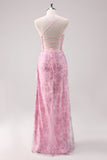 Pink Floral Spaghetti Straps Sheath Long Formal Dress