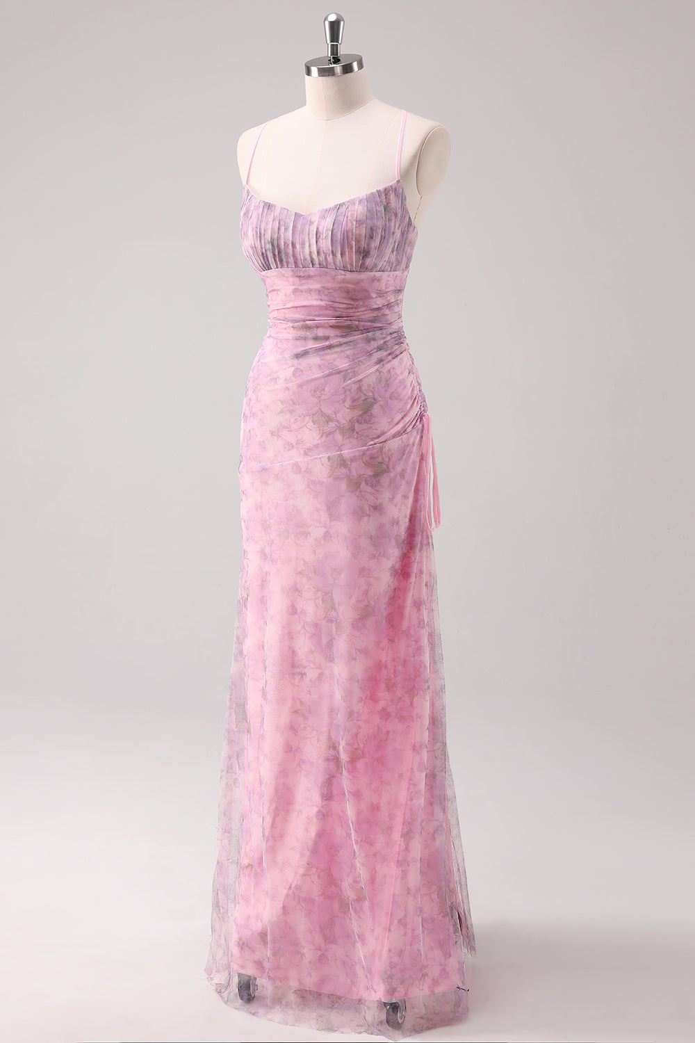 Pink Floral Spaghetti Straps Sheath Long Formal Dress