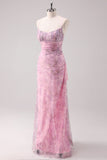 Pink Floral Spaghetti Straps Sheath Long Formal Dress