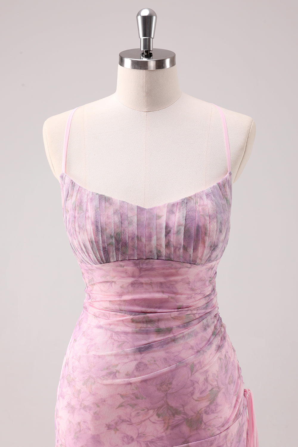 Pink Floral Spaghetti Straps Sheath Long Formal Dress