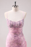Pink Floral Spaghetti Straps Sheath Long Formal Dress