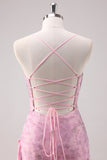 Pink Floral Spaghetti Straps Sheath Long Formal Dress