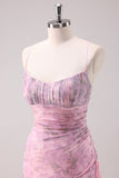 Pink Floral Spaghetti Straps Sheath Long Formal Dress