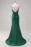 Dark Green Mermaid Spaghetti Straps Ruched Satin Long Formal Dress with Beading