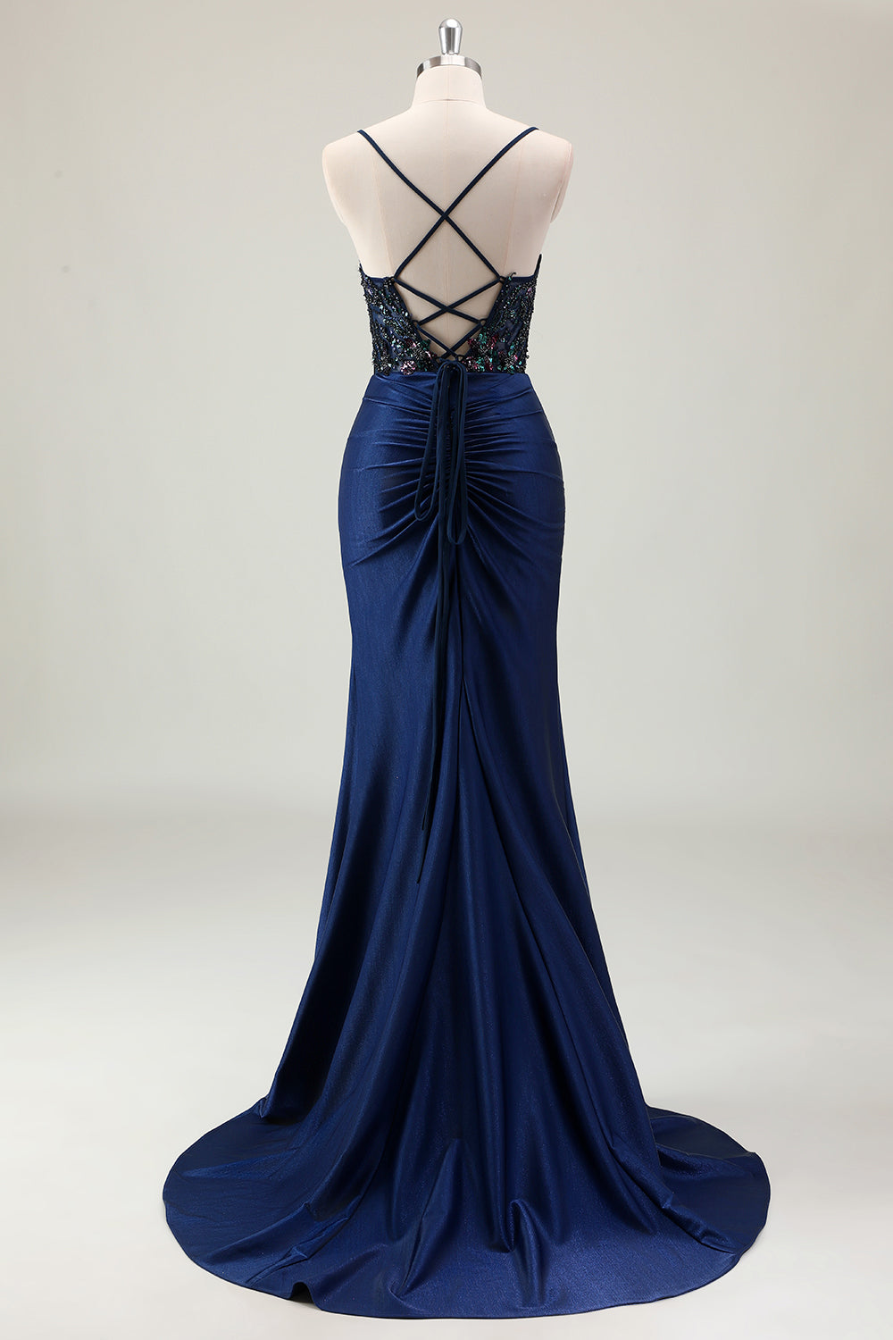 Dark Navy Mermaid Sparkly Sequins Spaghetti Straps Formal Dress with Slit