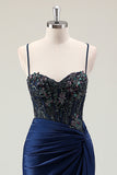 Dark Navy Mermaid Sparkly Sequins Spaghetti Straps Formal Dress with Slit