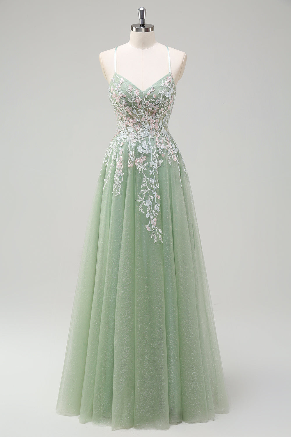 Sage A-Line Spaghetti Straps Tulle Long Formal Dress with Appliques