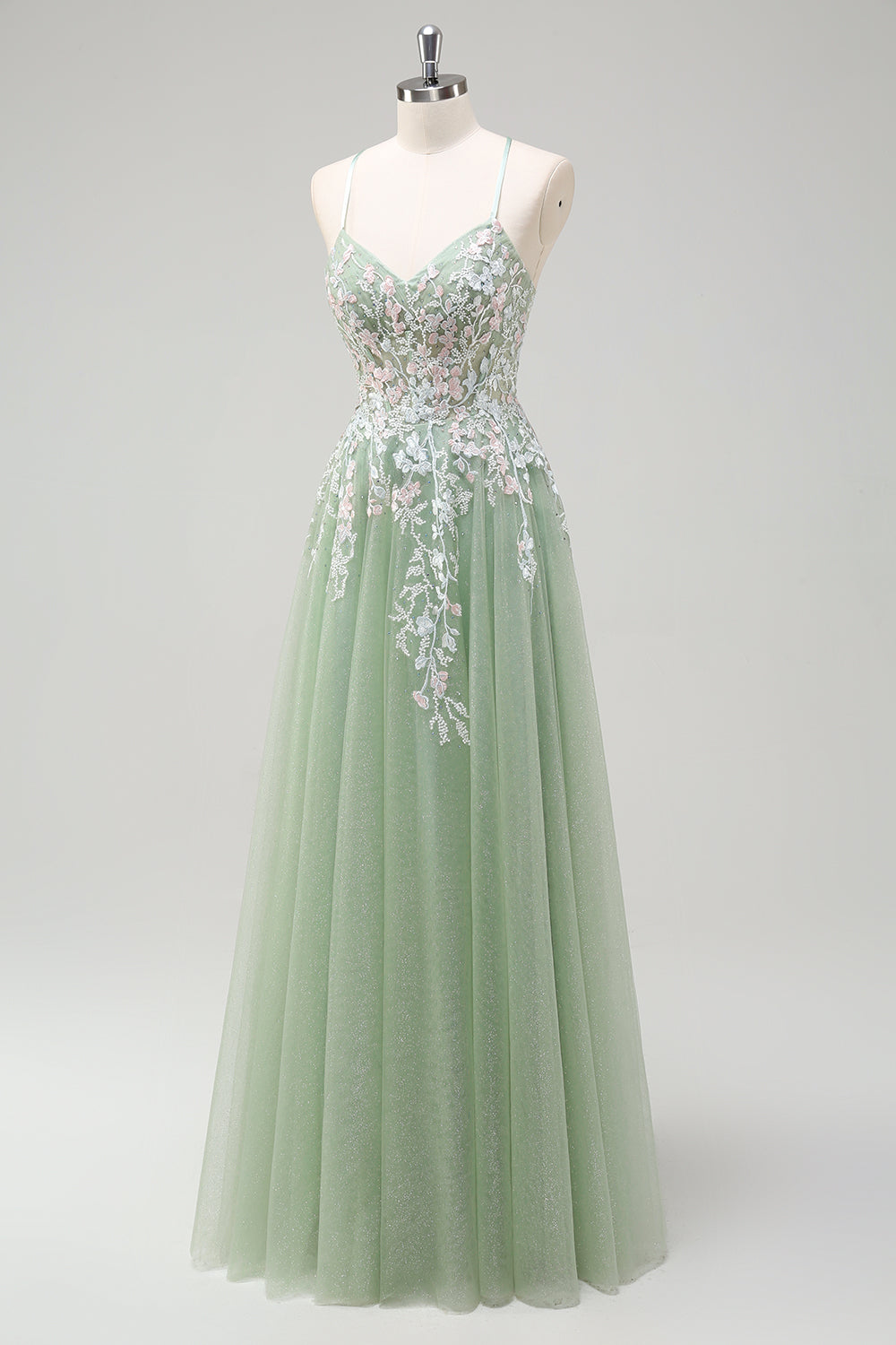 Sage A-Line Spaghetti Straps Tulle Long Formal Dress with Appliques