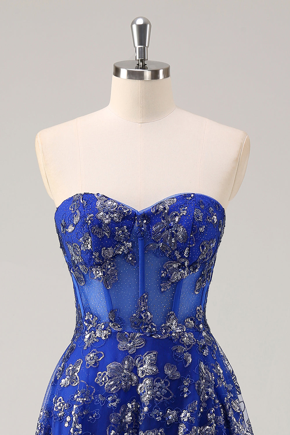 Royal Blue A Line Strapless Appliques Corset Long Formal Dress with Slit