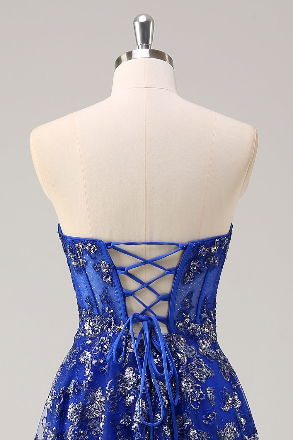 Royal Blue A Line Strapless Appliques Corset Long Formal Dress with Slit