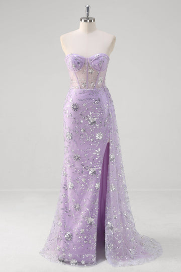 Light Purple Mermaid Strapless Corset Sequin Formal Dress With Slit