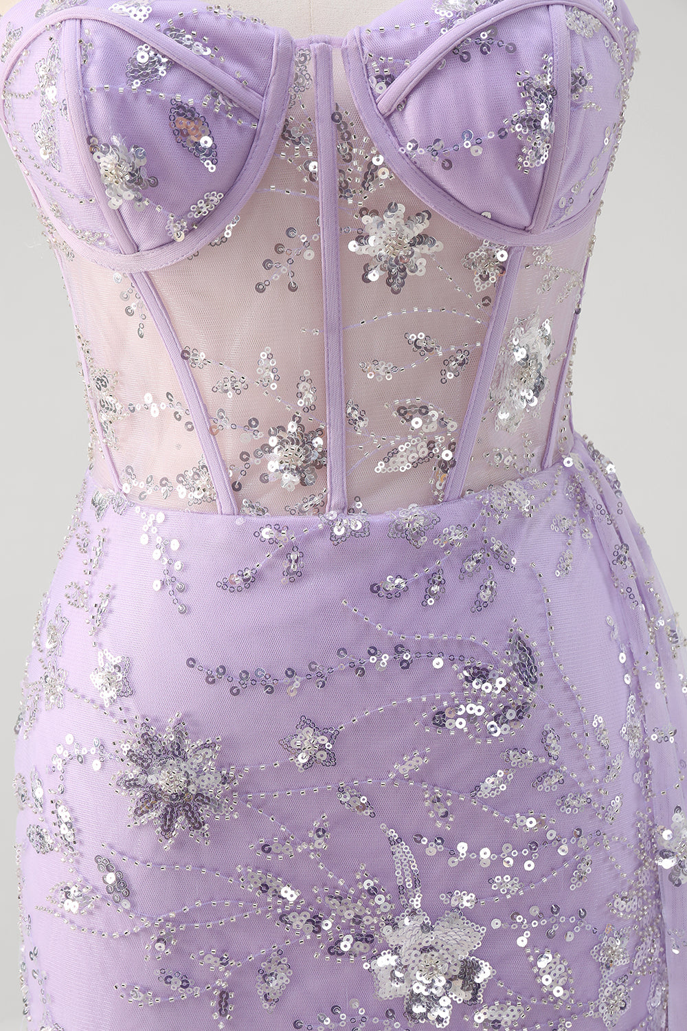 Light Purple Mermaid Strapless Corset Sequin Formal Dress With Slit