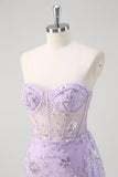 Light Purple Mermaid Strapless Corset Sequin Formal Dress With Slit