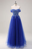 Royal Blue Tulle A-Line Off the Shoulder Sparkly Applique Long Formal Dress with Beading