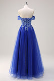 Royal Blue Tulle A-Line Off the Shoulder Sparkly Applique Long Formal Dress with Beading