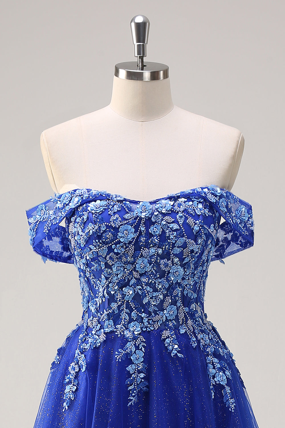 Royal Blue Tulle A-Line Off the Shoulder Sparkly Applique Long Formal Dress with Beading