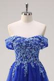 Royal Blue Tulle A-Line Off the Shoulder Sparkly Applique Long Formal Dress with Beading