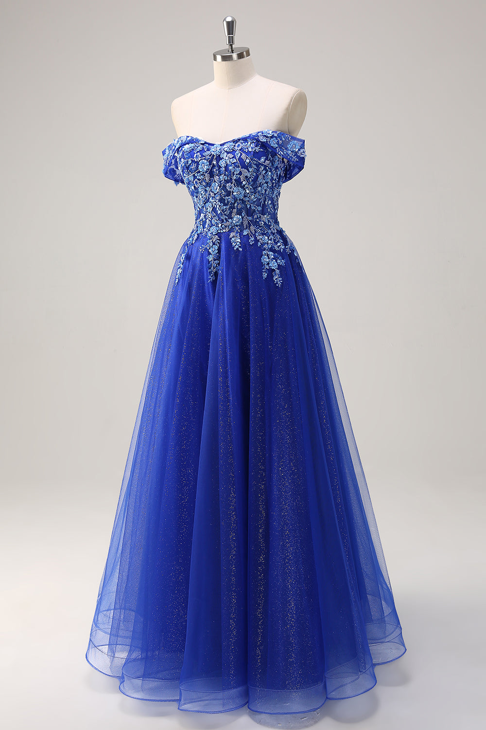 Royal Blue Tulle A-Line Off the Shoulder Sparkly Applique Long Formal Dress with Beading
