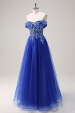 Royal Blue Tulle A-Line Off the Shoulder Sparkly Applique Long Formal Dress with Beading