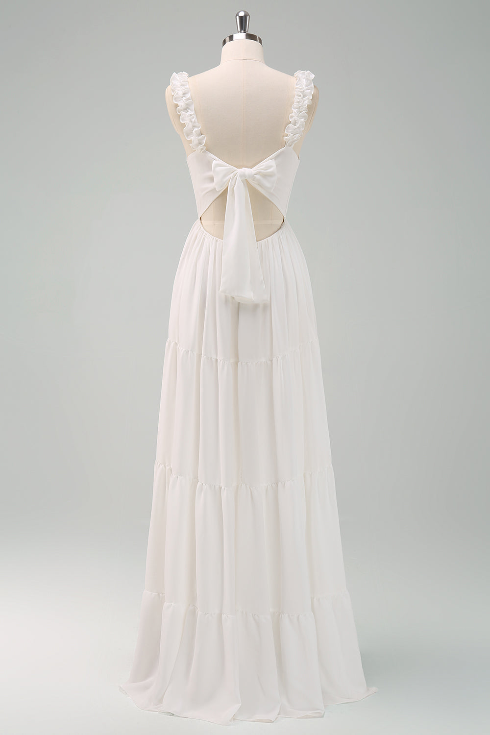 A-Line White Spaghetti Straps Pleated Long Formal Dress with Bow