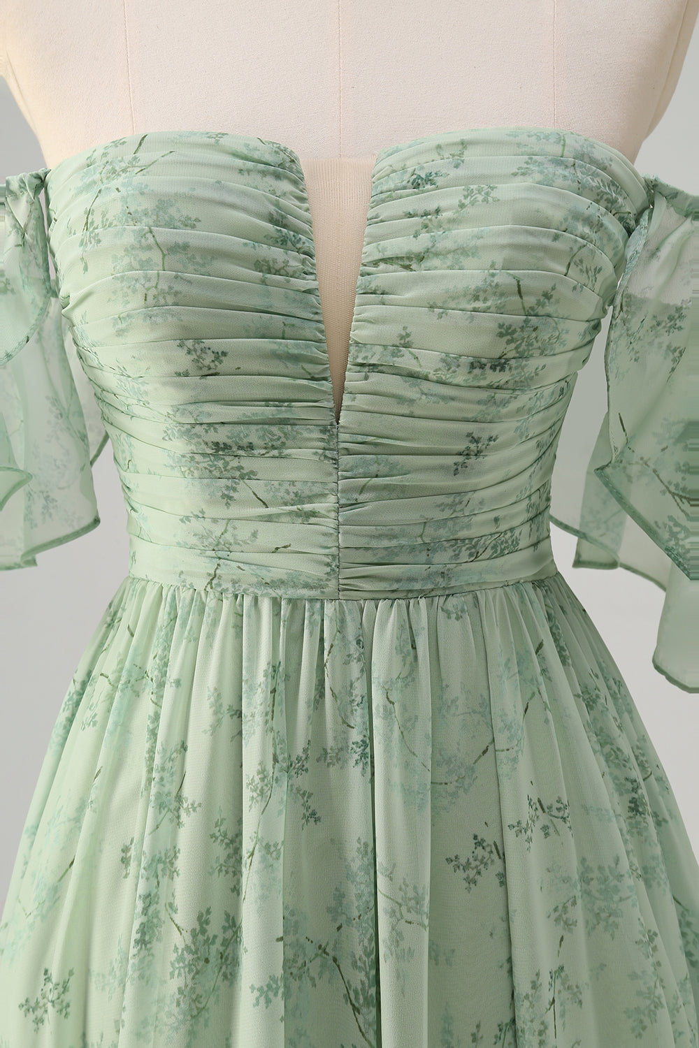 Dusty Sage A Line Off the Shoulder Print Long Formal Dress with Slit