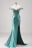 Off the Shoulder Applique Mermaid Grey Green Formal Dress with Slit