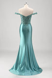 Off the Shoulder Applique Mermaid Grey Green Formal Dress with Slit