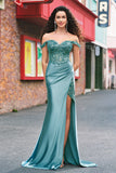 Off the Shoulder Applique Mermaid Grey Green Formal Dress with Slit
