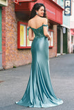 Off the Shoulder Applique Mermaid Grey Green Formal Dress with Slit